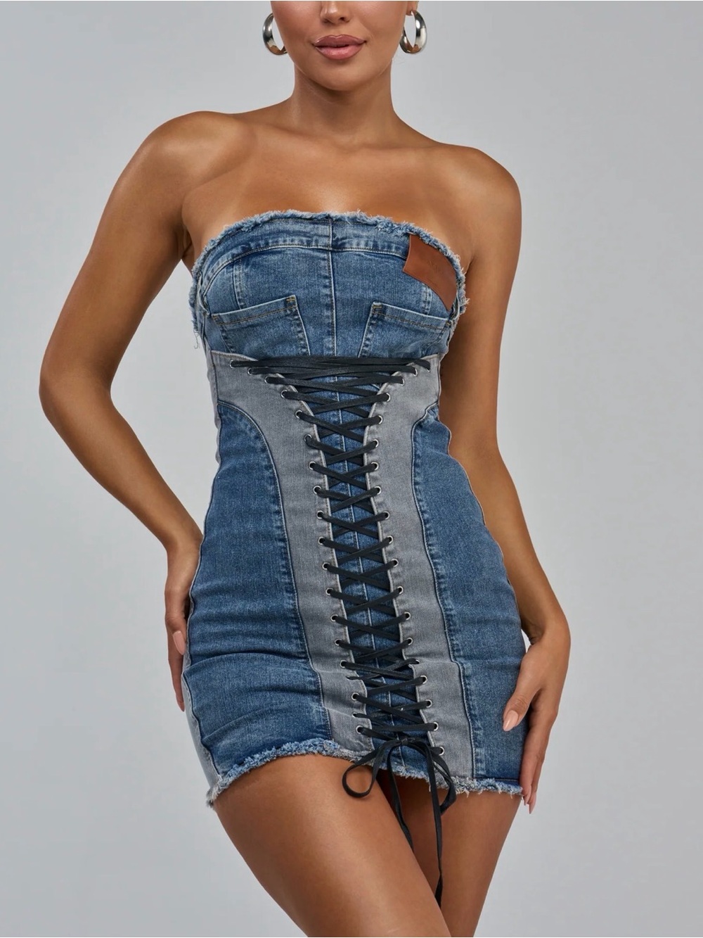 NWT AKIRA Strapless Corset Lace-Up Denim Mini Dress in Blue size 1X
